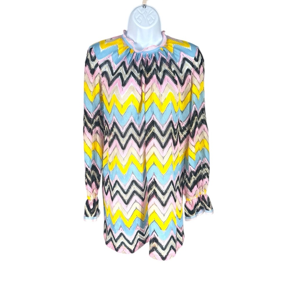 Cynthia Rowley Zigzag Knit Mini Shift Resort Dress Ruffle Sleeve Stripe XS NWT - Picture 5 of 12